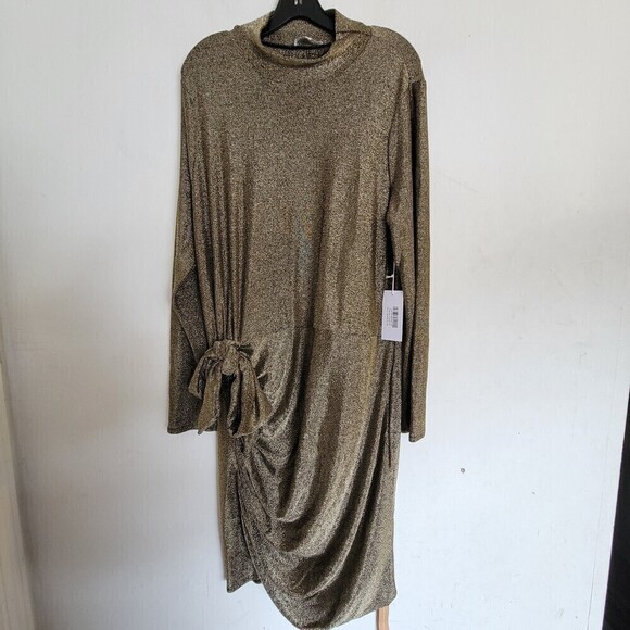 NEW Reformation Paprika Gold Sparkle Long Sleeve Stretchy Knotted Dress Size 3X - Picture 1 of 16